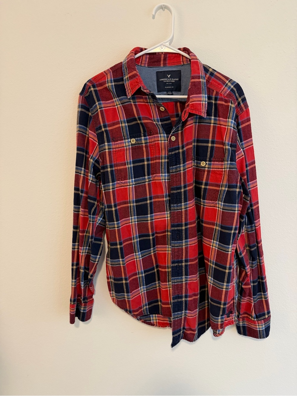 American Eagle Outfitters Red and Navy Plaid Button-Down Shirt